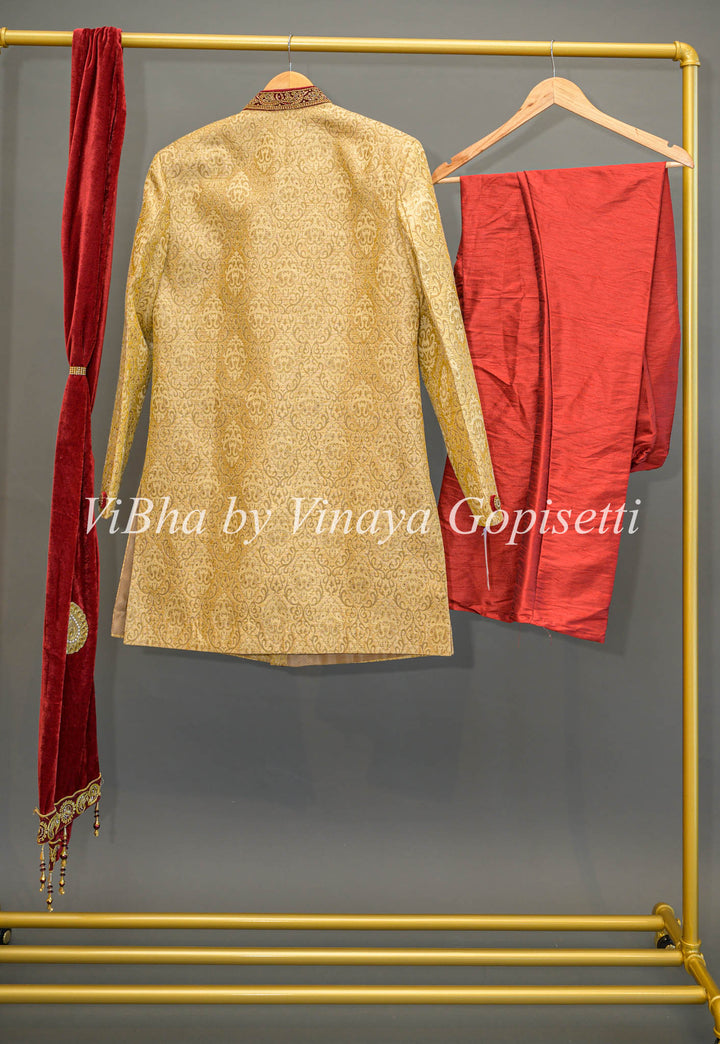 Gold Brocade And Maroon Sherwani Set