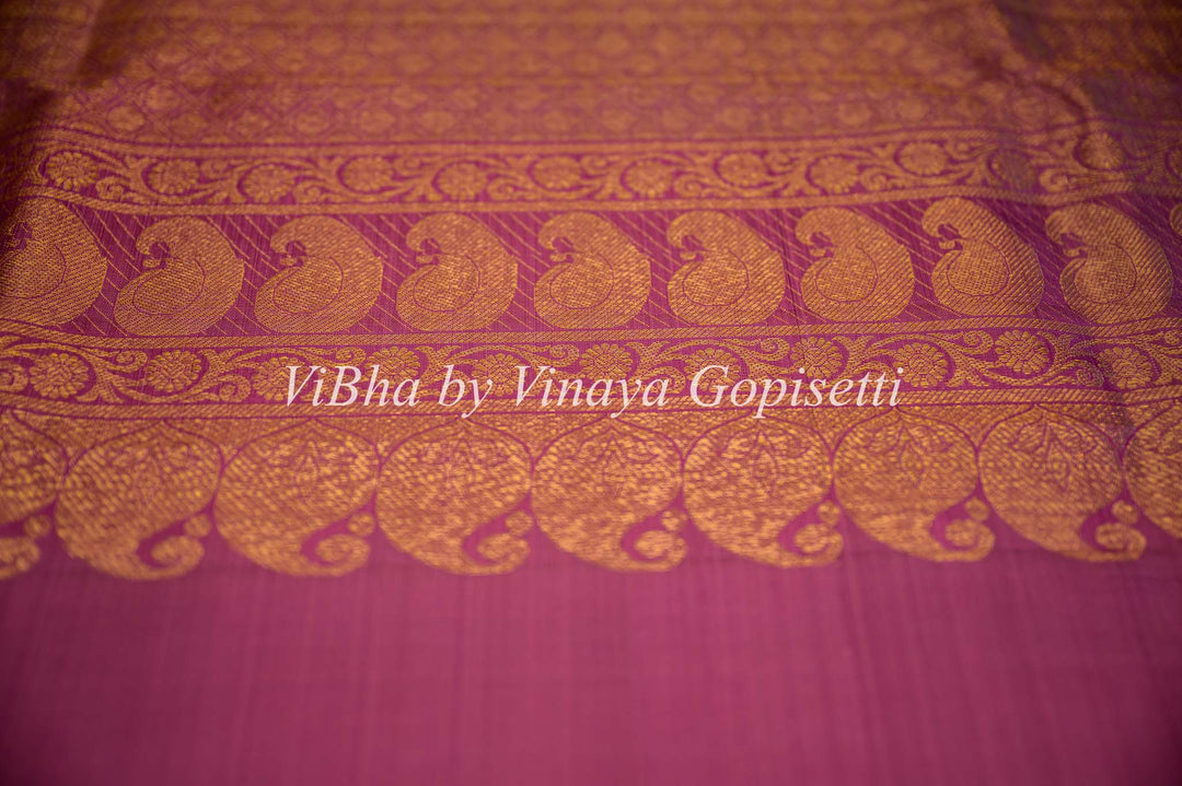 Magenta Kanchi Silk Dupatta With Small Buta And Gold Borders