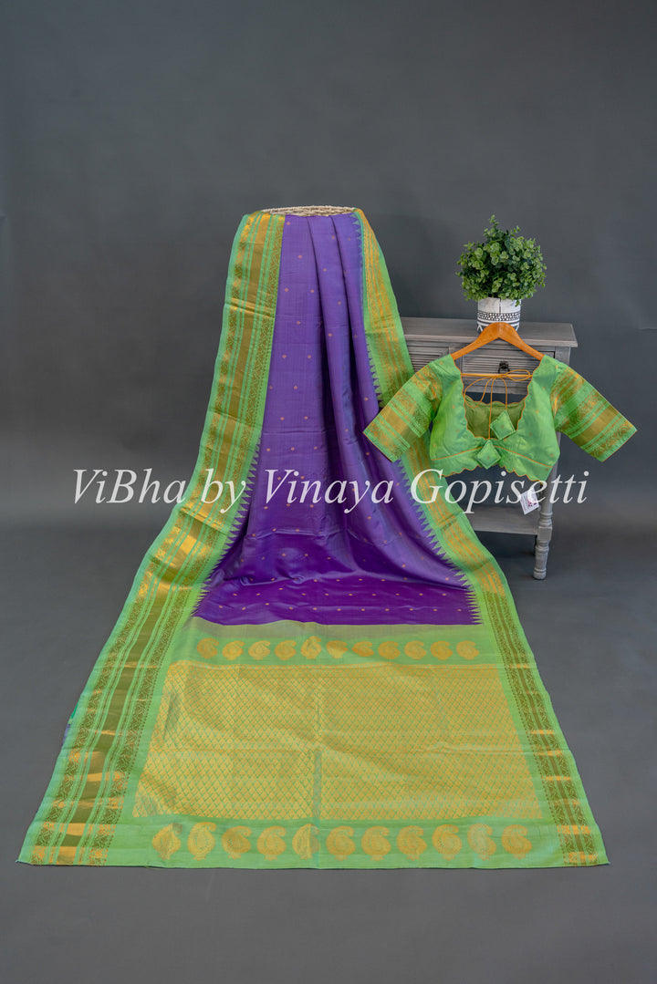 Mint Green And Purple Gadwal Silk Saree And Blouse
