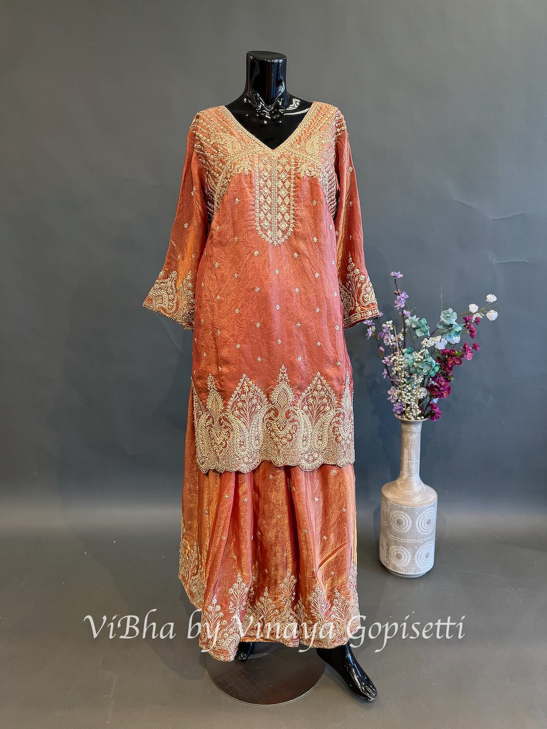 Sunset Noor — Coral Orange &amp; Gold Plus Size Sharara Set