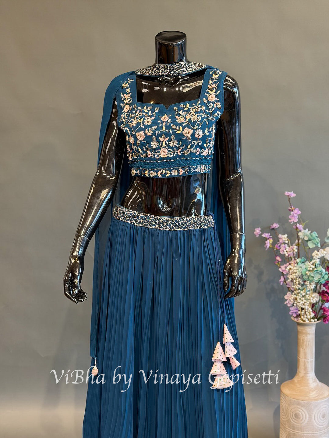 Peacock Blue Floral Embroidered Lehenga Set