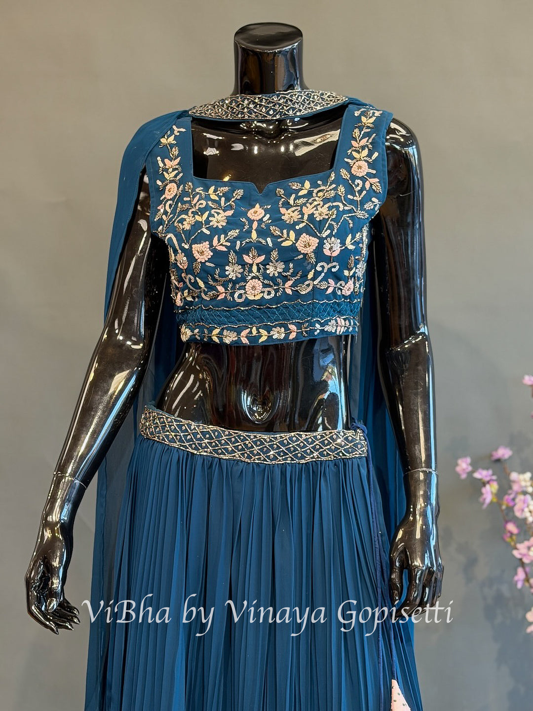 Peacock Blue Floral Embroidered Lehenga Set