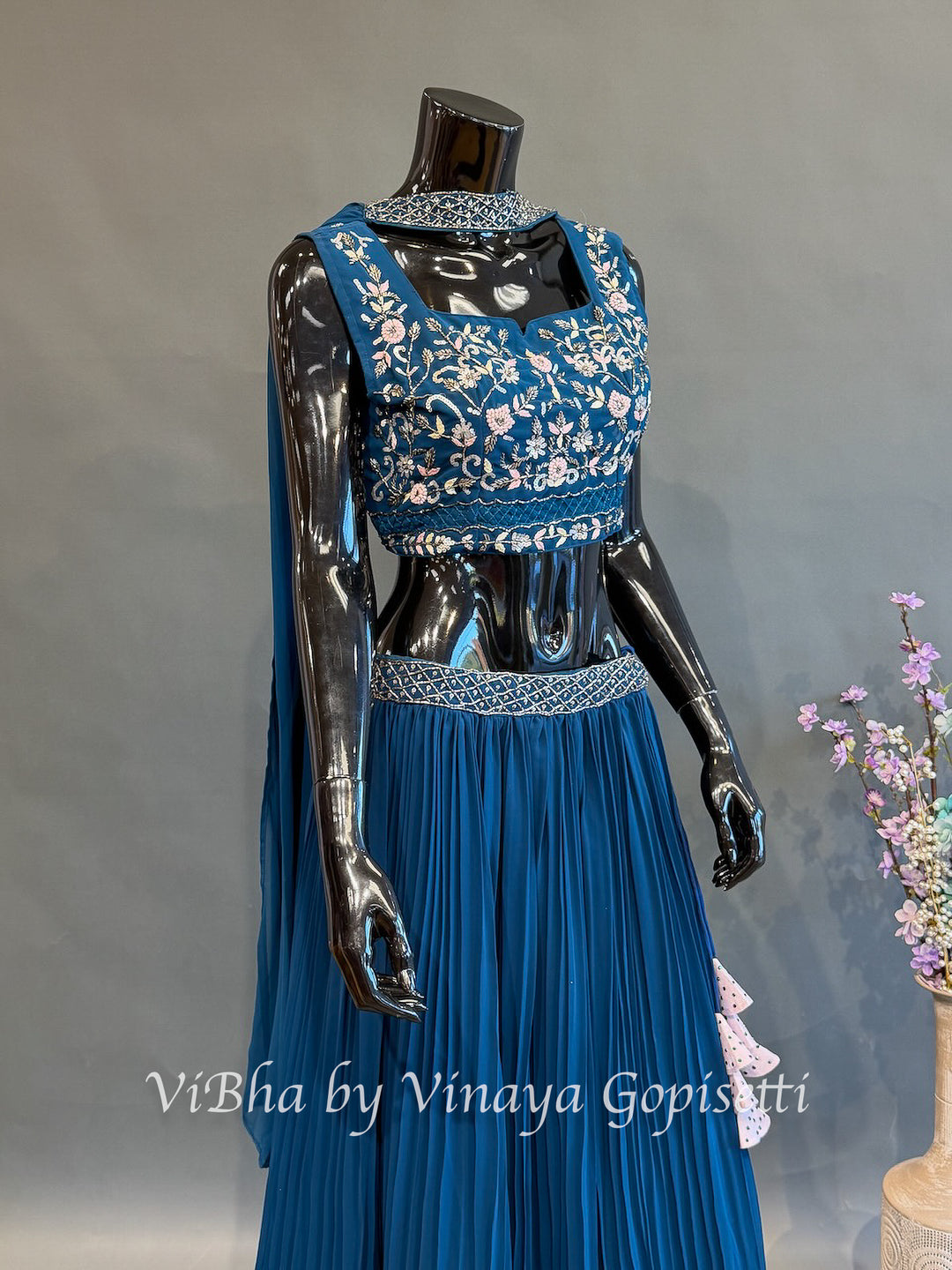 Peacock Blue Floral Embroidered Lehenga Set