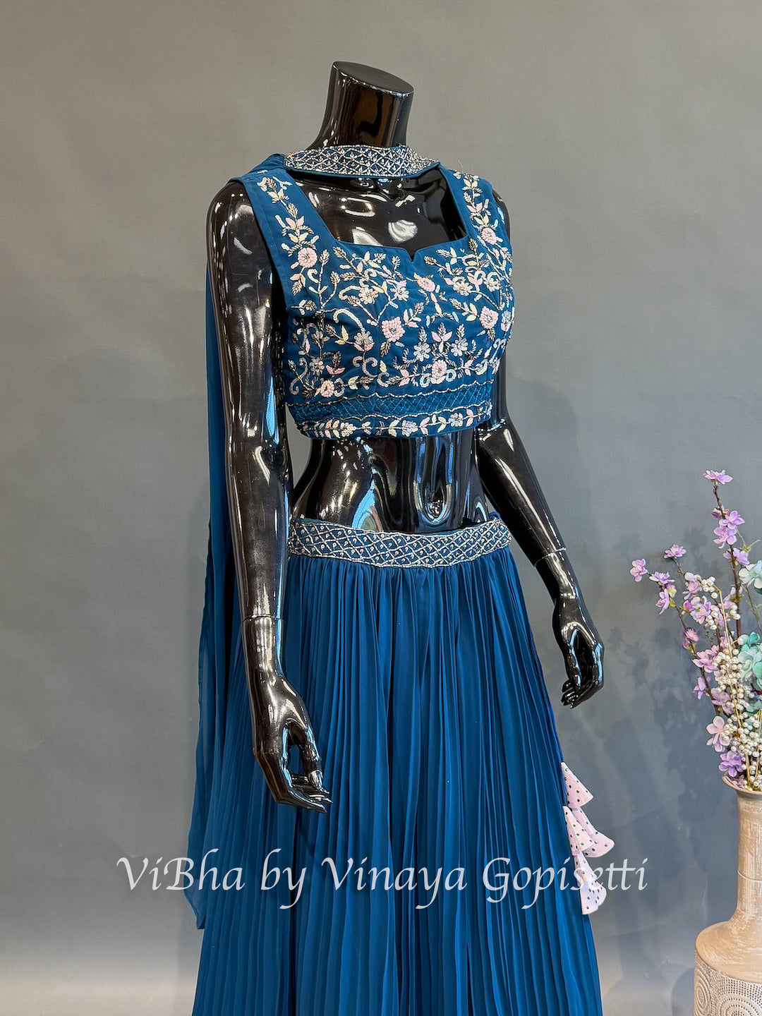 Peacock Blue Floral Embroidered Lehenga Set