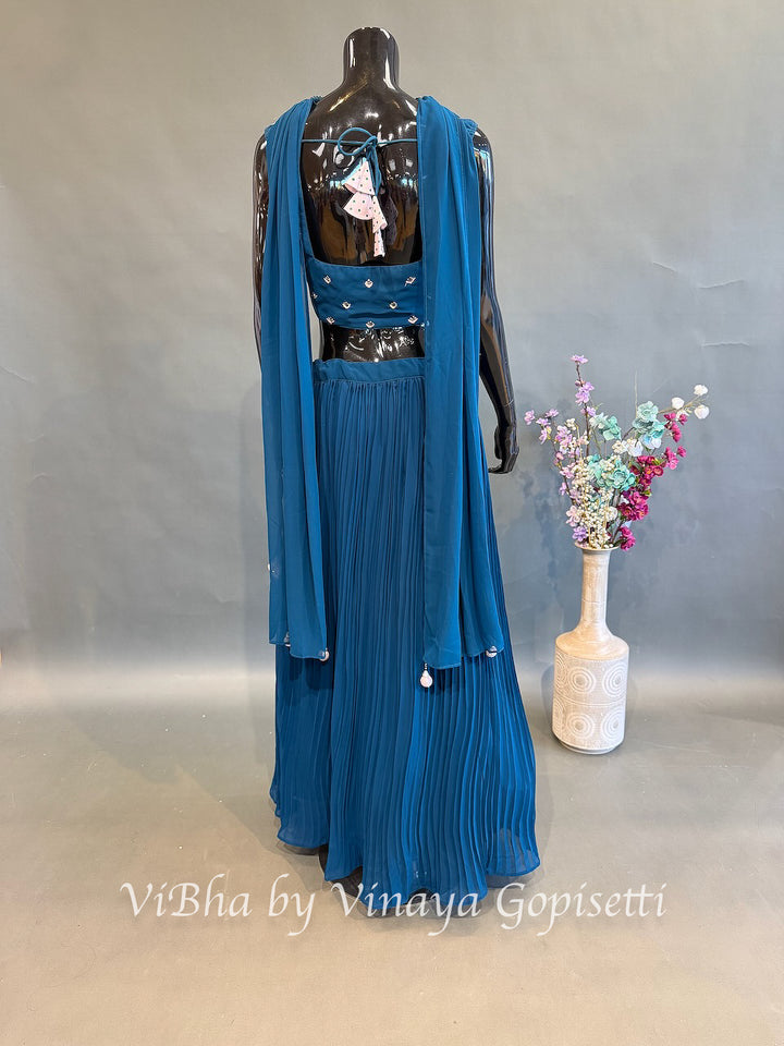 Peacock Blue Floral Embroidered Lehenga Set