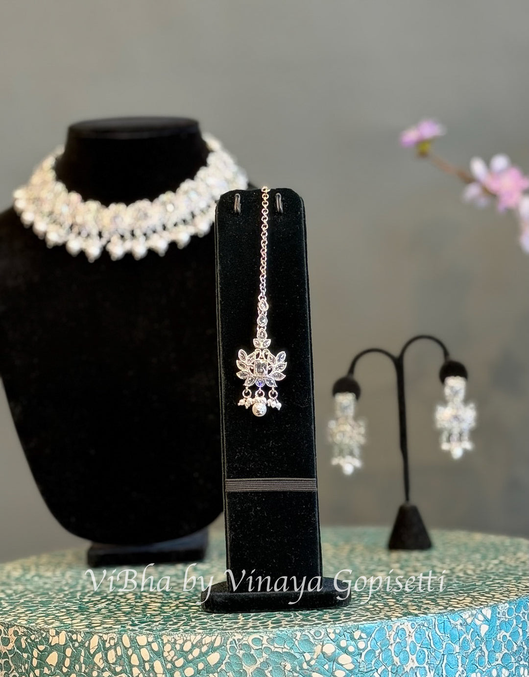 White Finish Clear Stone and Pearl Style Choker Set with Maang Tikka