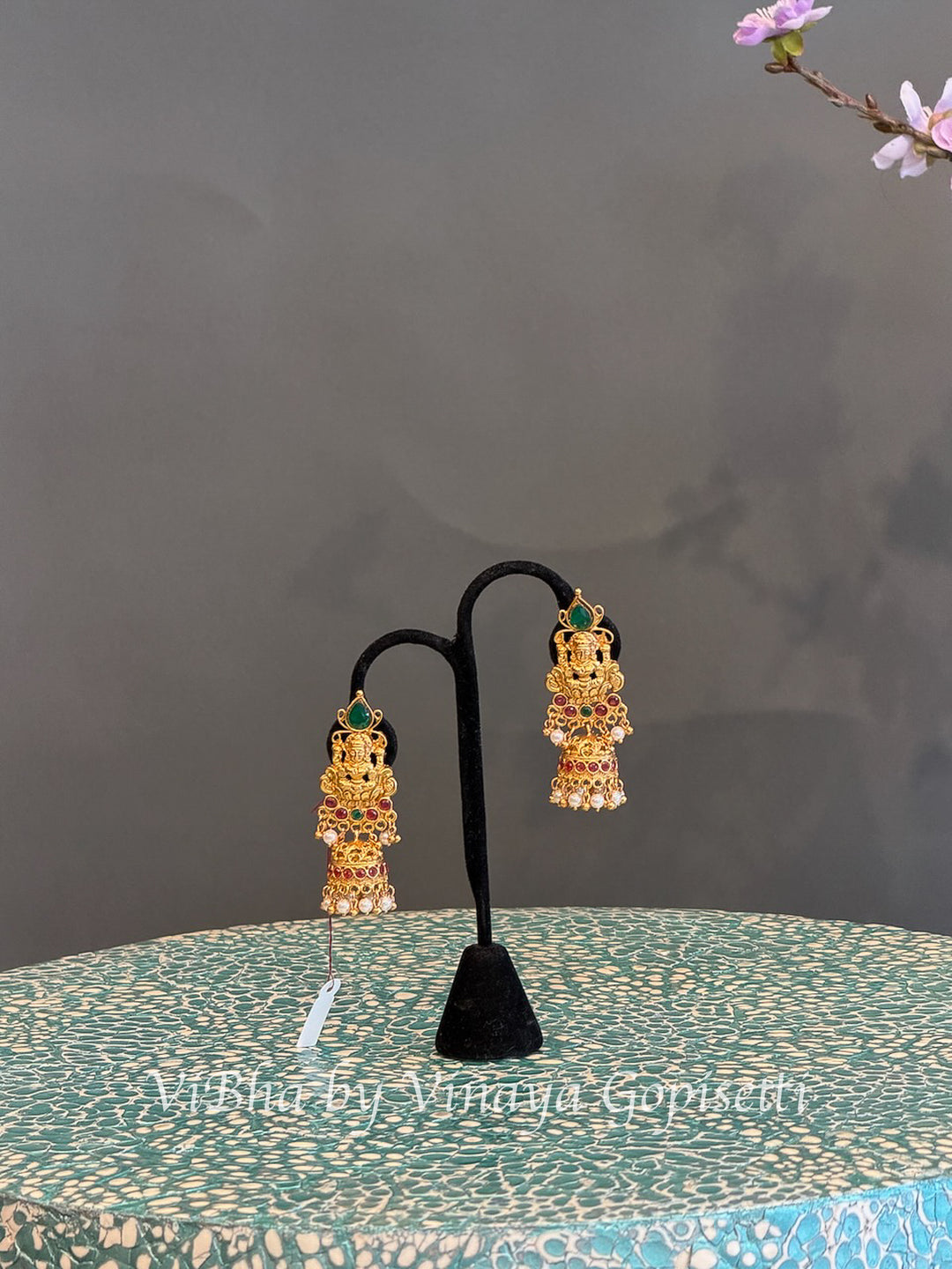 Gold Temple Lakshmi Earrings with Ruby, Emerald &amp; Pearl Details