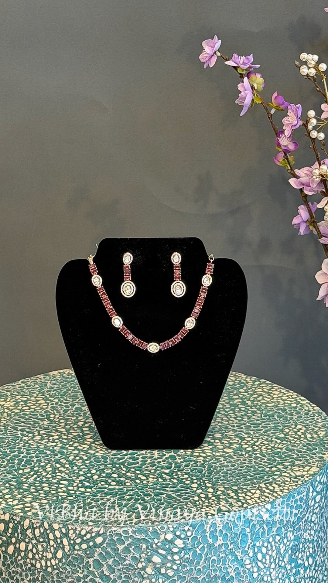 Gold Finish Pink and Clear Stone Necklace Set