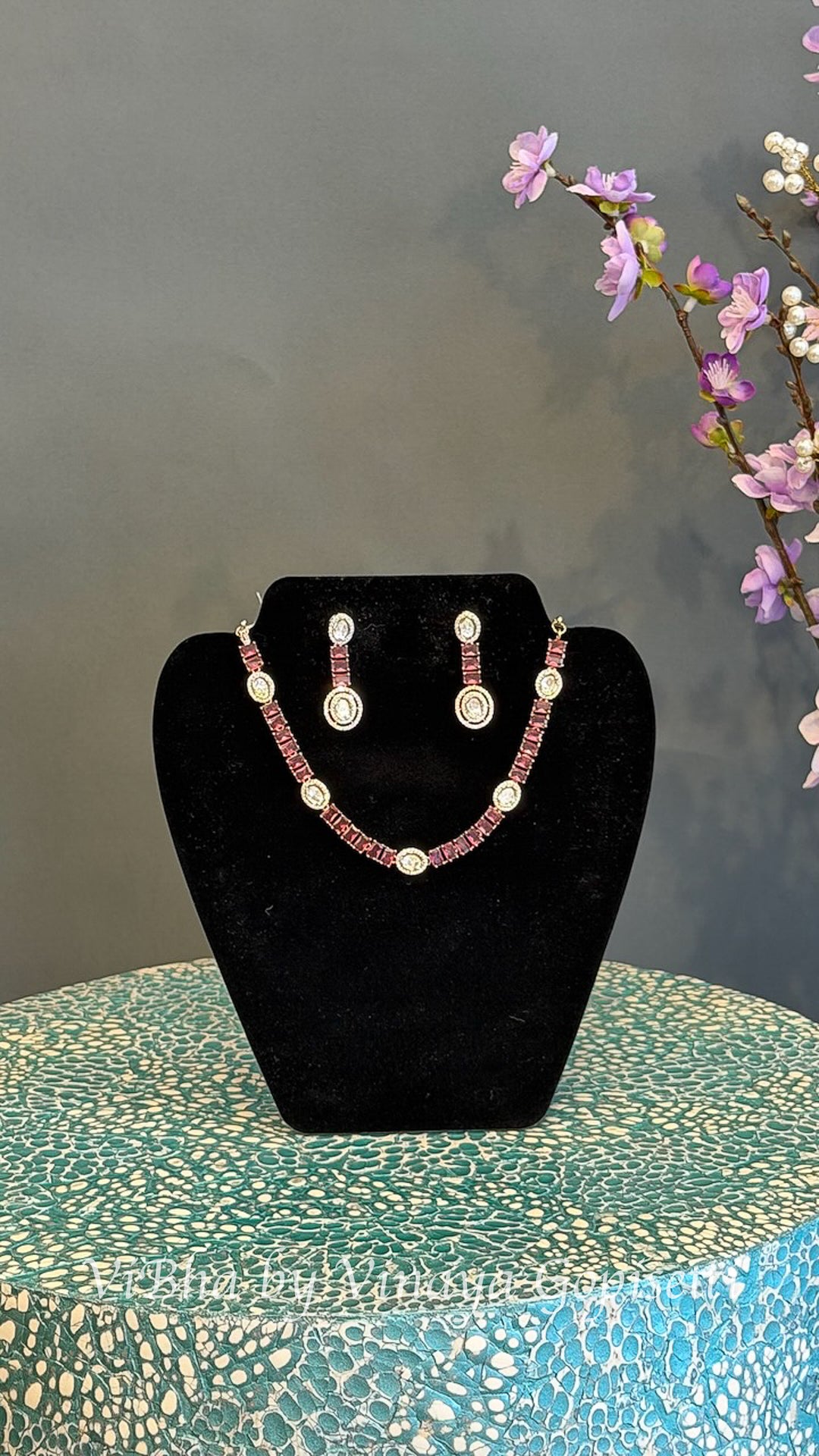 Gold Finish Pink and Clear Stone Necklace Set