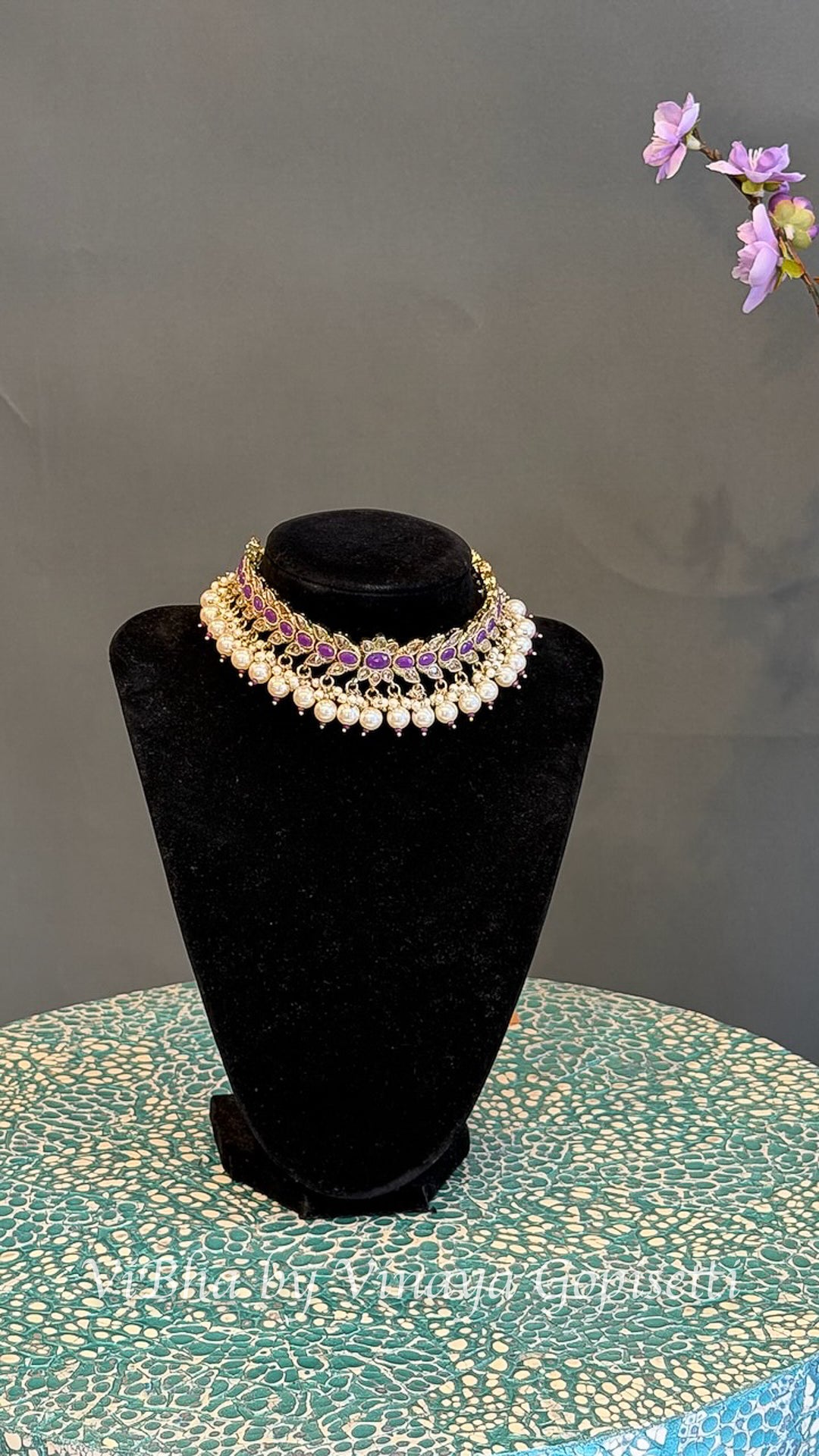 Gold Finish Purple Stone and Pearl Style Choker Set with Maang Tikka