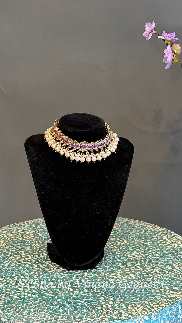 Gold Finish Purple Stone and Pearl Style Choker Set with Maang Tikka