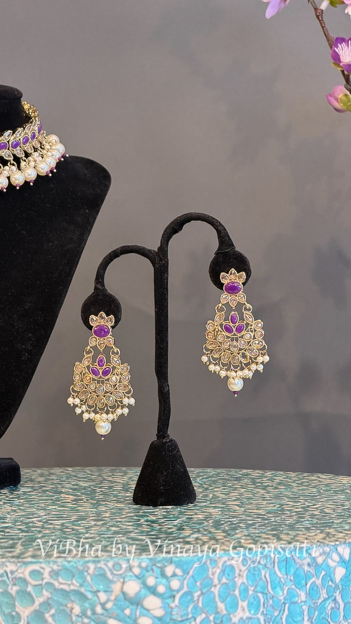 Gold Finish Purple Stone and Pearl Style Choker Set with Maang Tikka