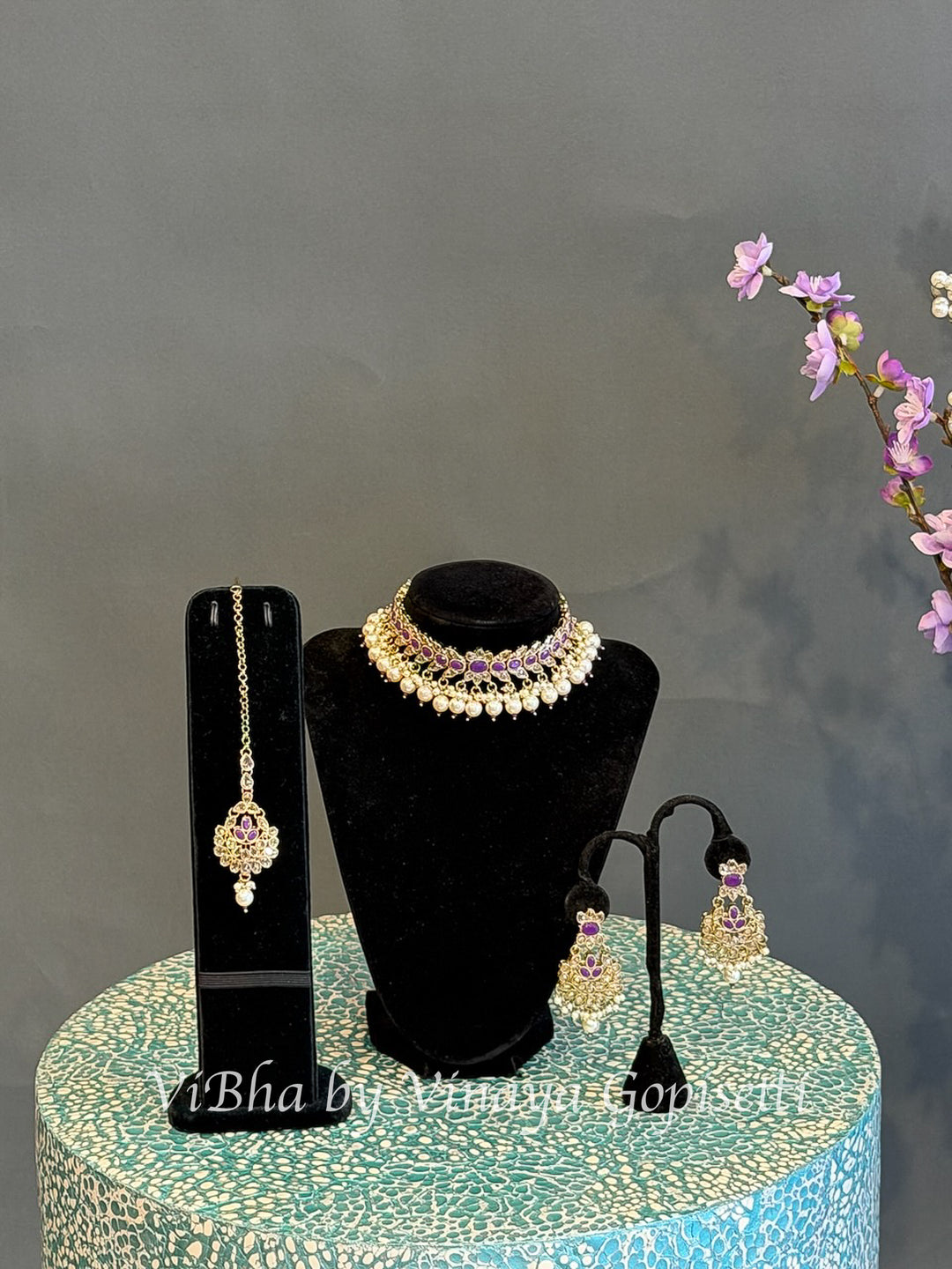 Gold Finish Purple Stone and Pearl Style Choker Set with Maang Tikka