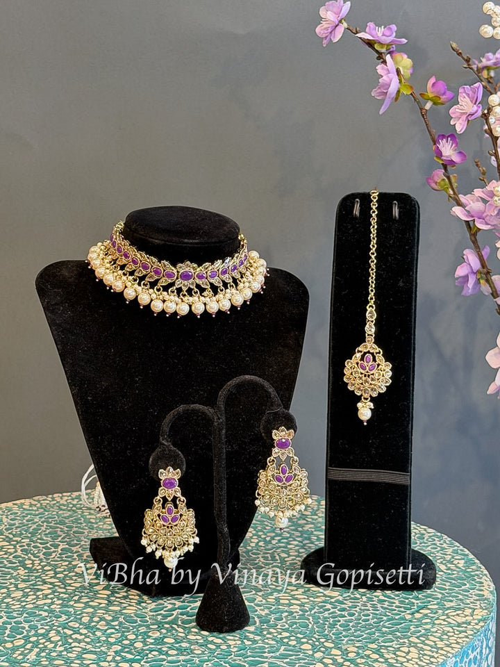 Gold Finish Purple Stone and Pearl Style Choker Set with Maang Tikka