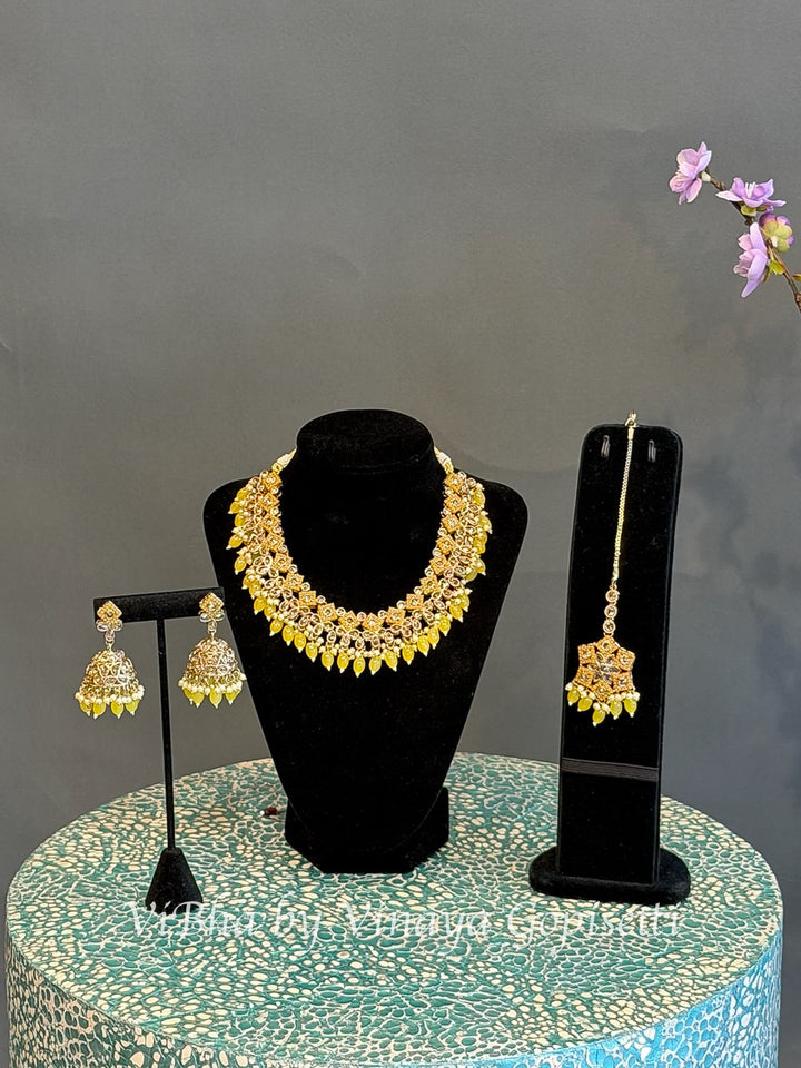 Gold Finish Yellow Bead Necklace Set with Maang Tikka