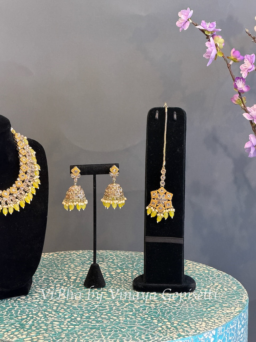 Gold Finish Yellow Bead Necklace Set with Maang Tikka