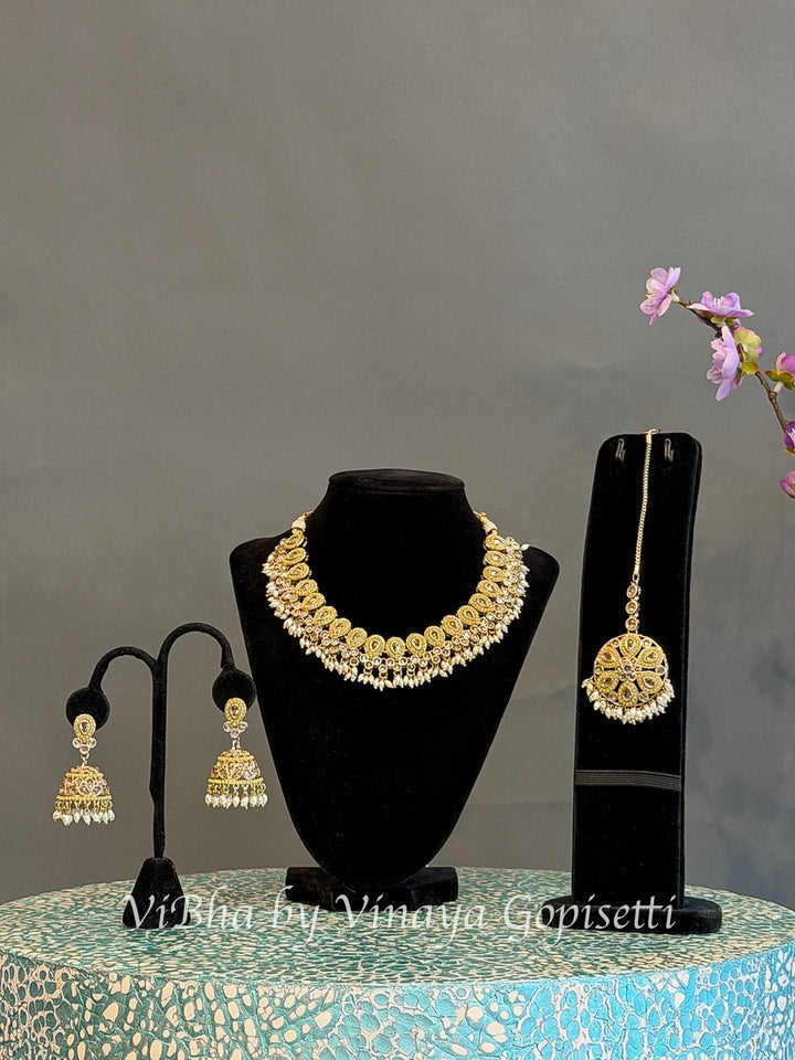 Gold Finish Paisley Necklace Set with Pearl Style Drops and Maang Tikka