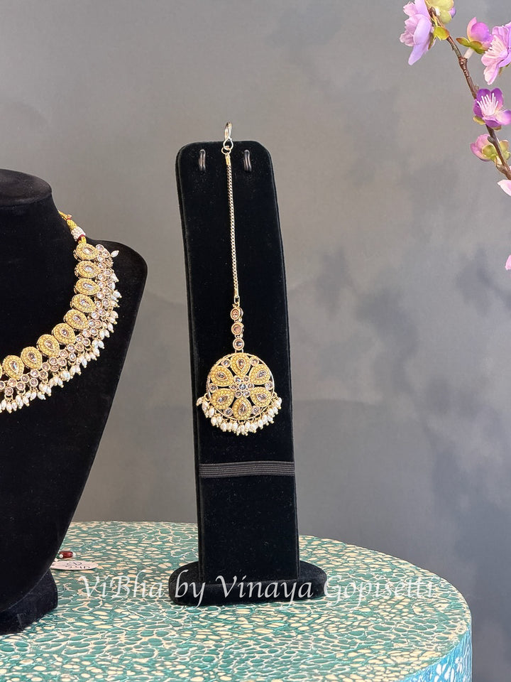 Gold Finish Paisley Necklace Set with Pearl Style Drops and Maang Tikka