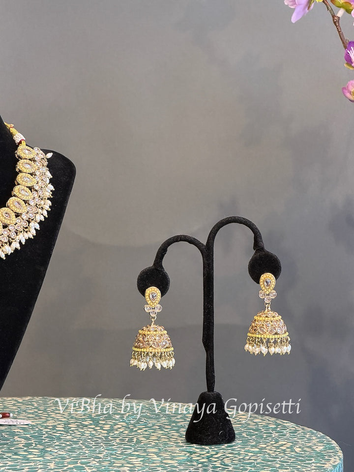 Gold Finish Paisley Necklace Set with Pearl Style Drops and Maang Tikka