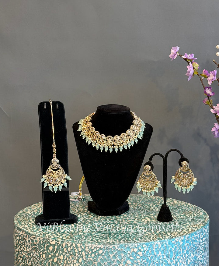 Gold Finish Mint Green Bead Choker Set with Maang Tikka
