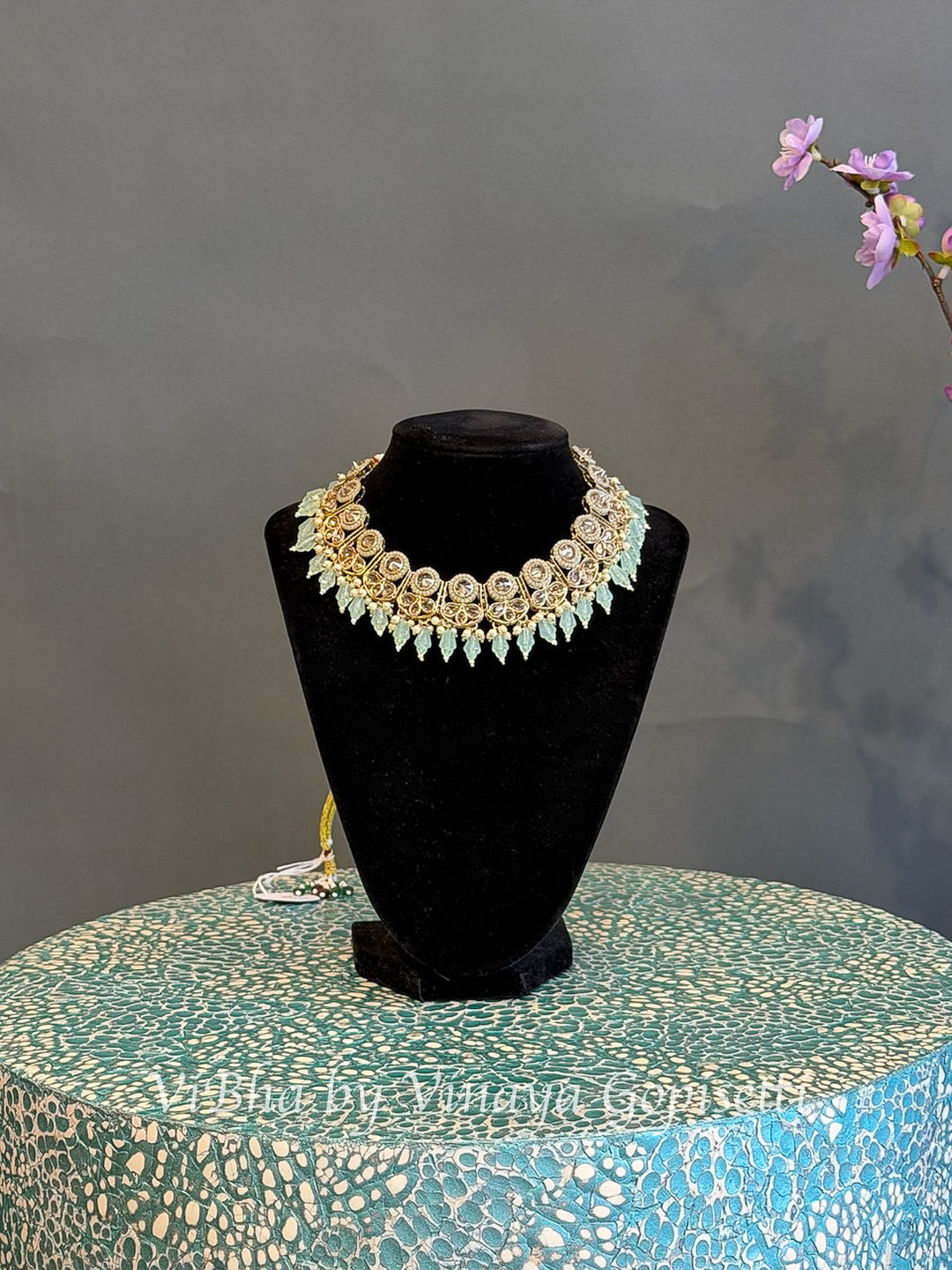 Gold Finish Mint Green Bead Choker Set with Maang Tikka