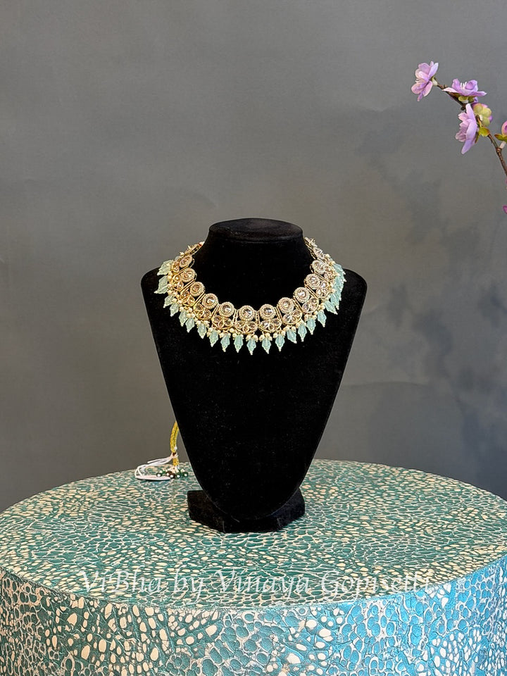 Gold Finish Mint Green Bead Choker Set with Maang Tikka