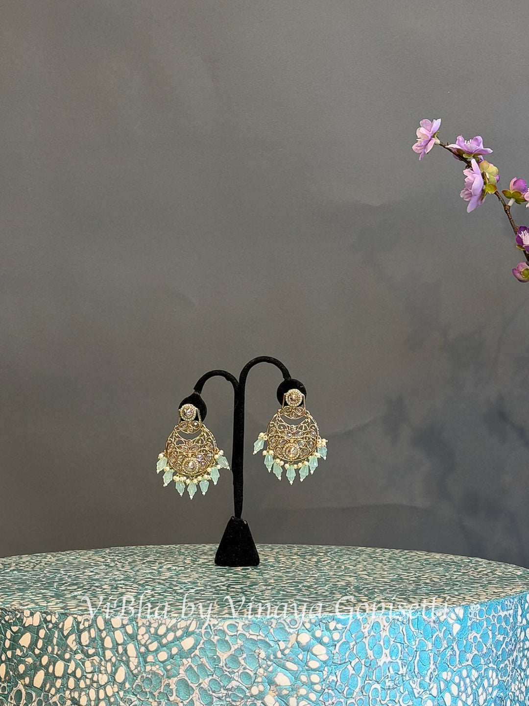 Gold Finish Mint Green Bead Choker Set with Maang Tikka