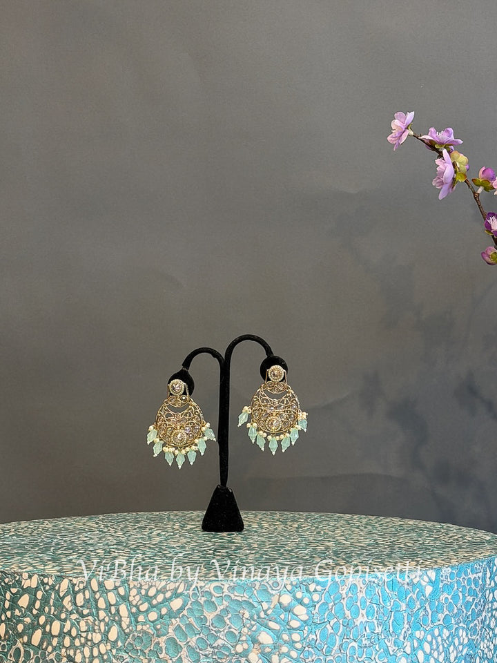 Gold Finish Mint Green Bead Choker Set with Maang Tikka