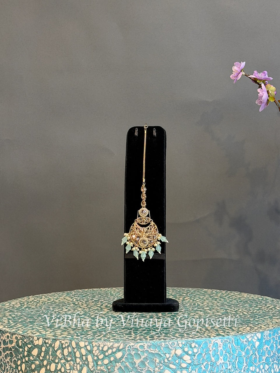 Gold Finish Mint Green Bead Choker Set with Maang Tikka