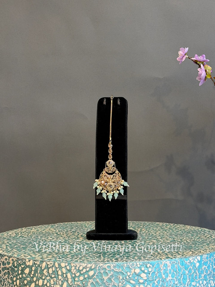 Gold Finish Mint Green Bead Choker Set with Maang Tikka