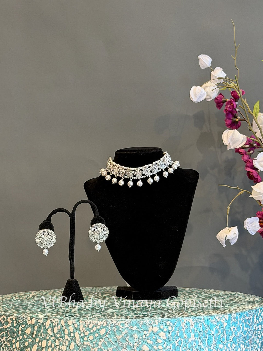 White Finish Floral Choker Set with Pearl Style Drops