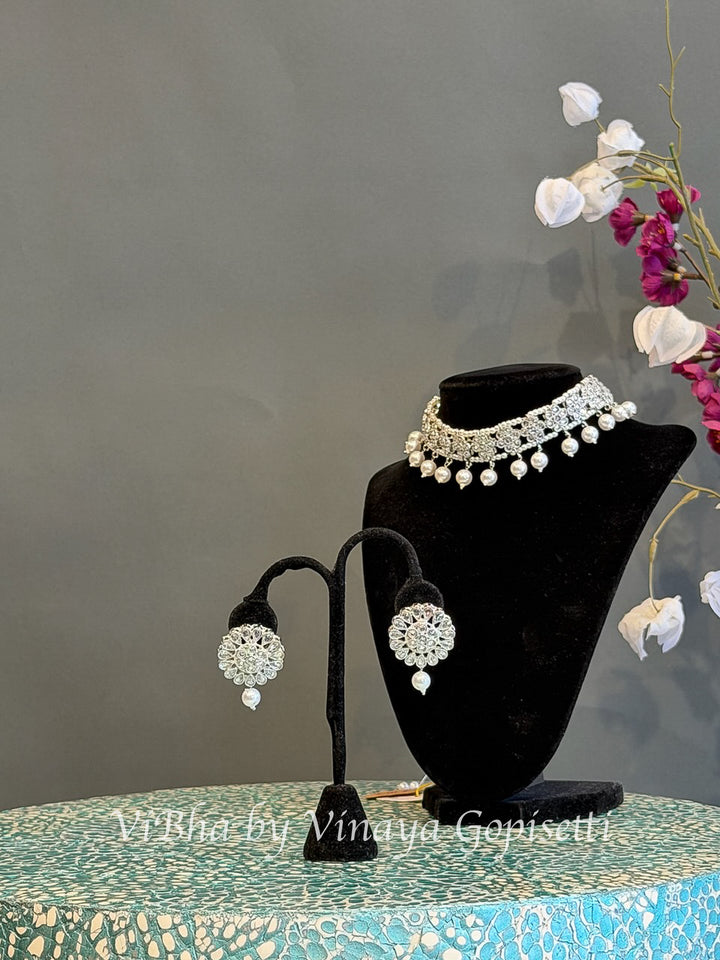 White Finish Floral Choker Set with Pearl Style Drops