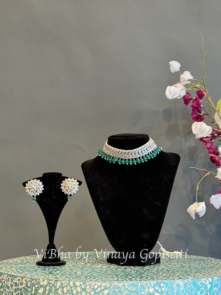 White Finish Green Bead Choker Set with Floral Earrings