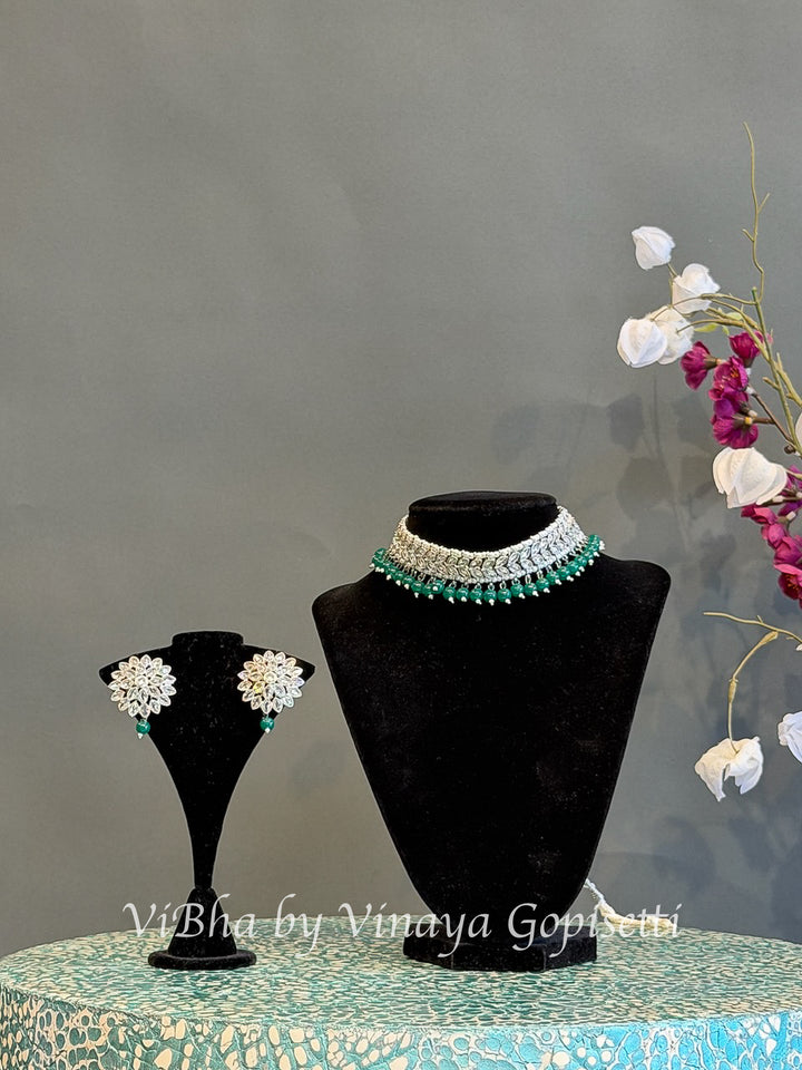 White Finish Green Bead Choker Set with Floral Earrings