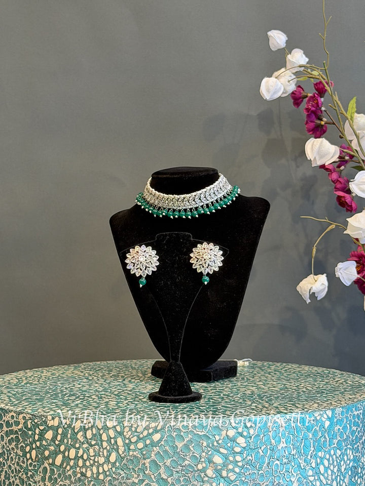 White Finish Green Bead Choker Set with Floral Earrings