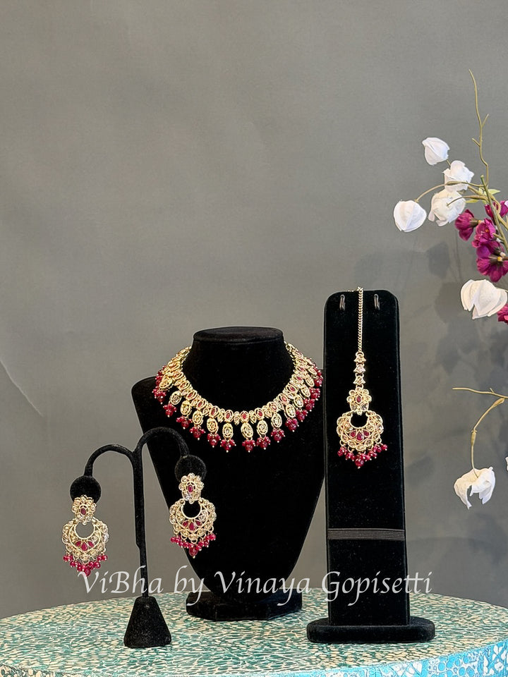 Gold Finish Red Stone and Bead Necklace Set with Maang Tikka
