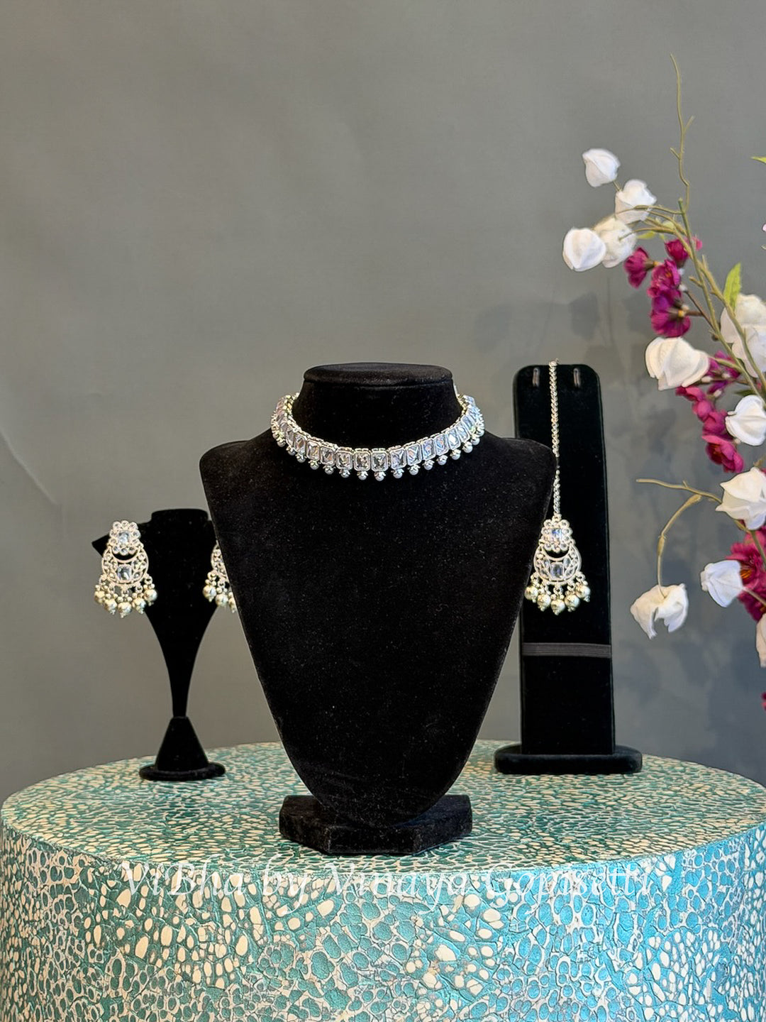 White Finish Rectangular Stone Choker Set with Maang Tikka