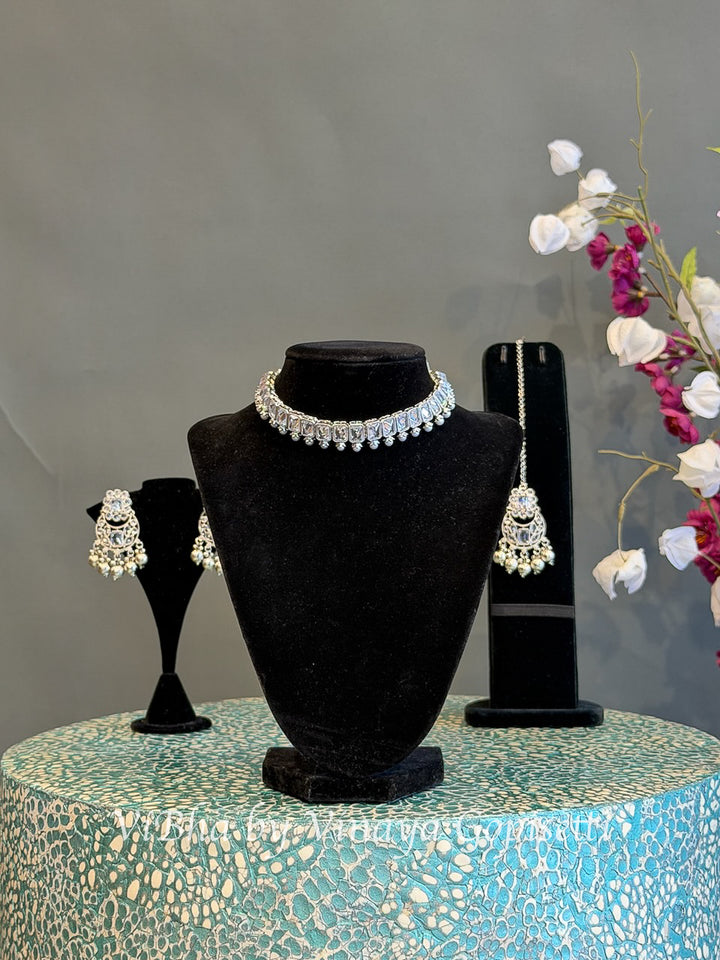 White Finish Rectangular Stone Choker Set with Maang Tikka