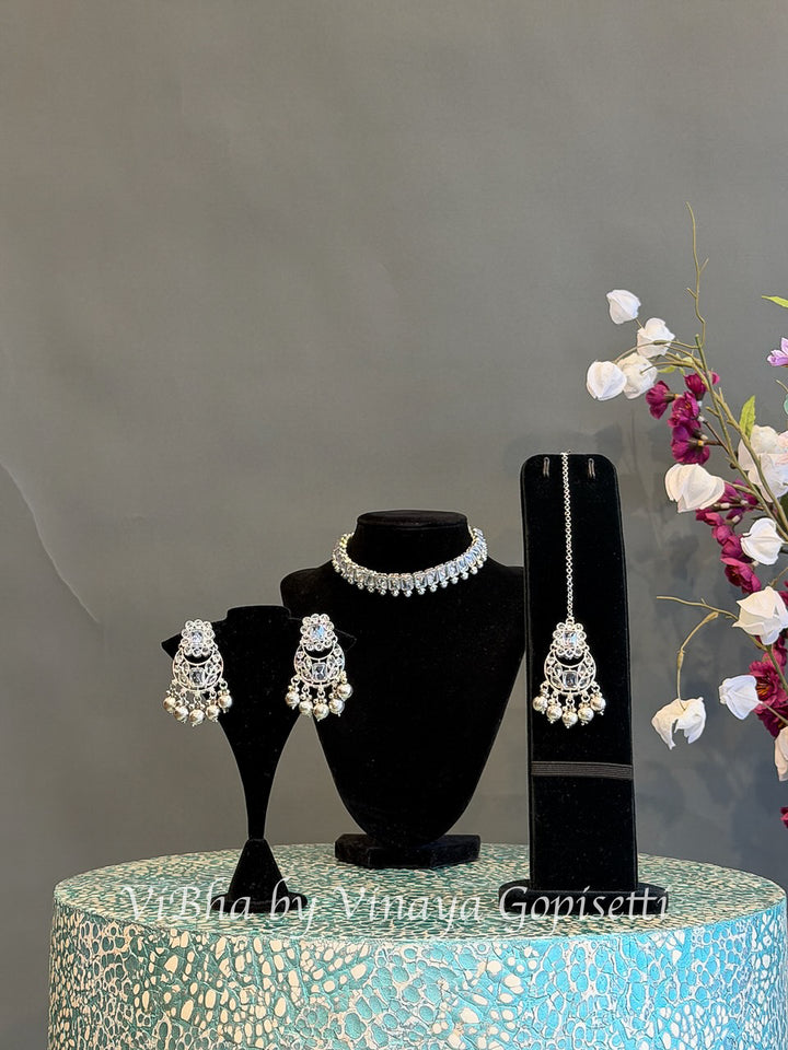 White Finish Rectangular Stone Choker Set with Maang Tikka