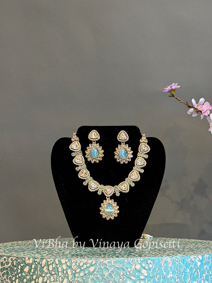 Gold Finish Aqua Blue and Clear Stone Necklace Set