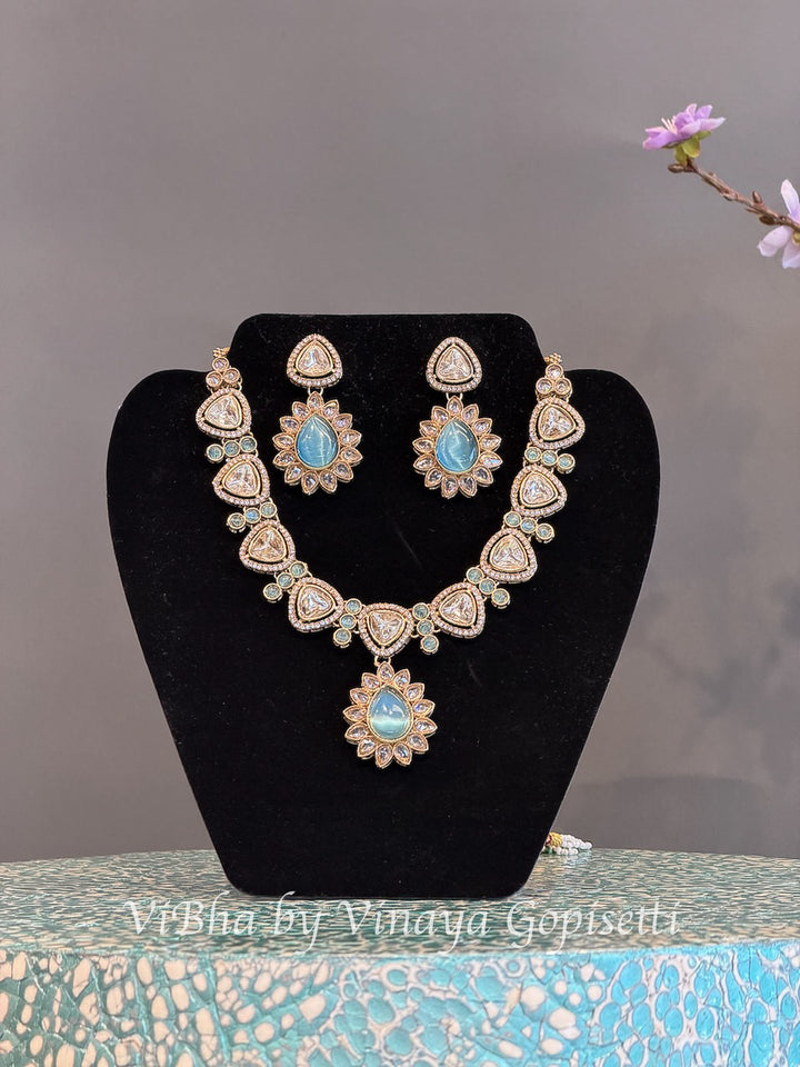 Gold Finish Aqua Blue and Clear Stone Necklace Set