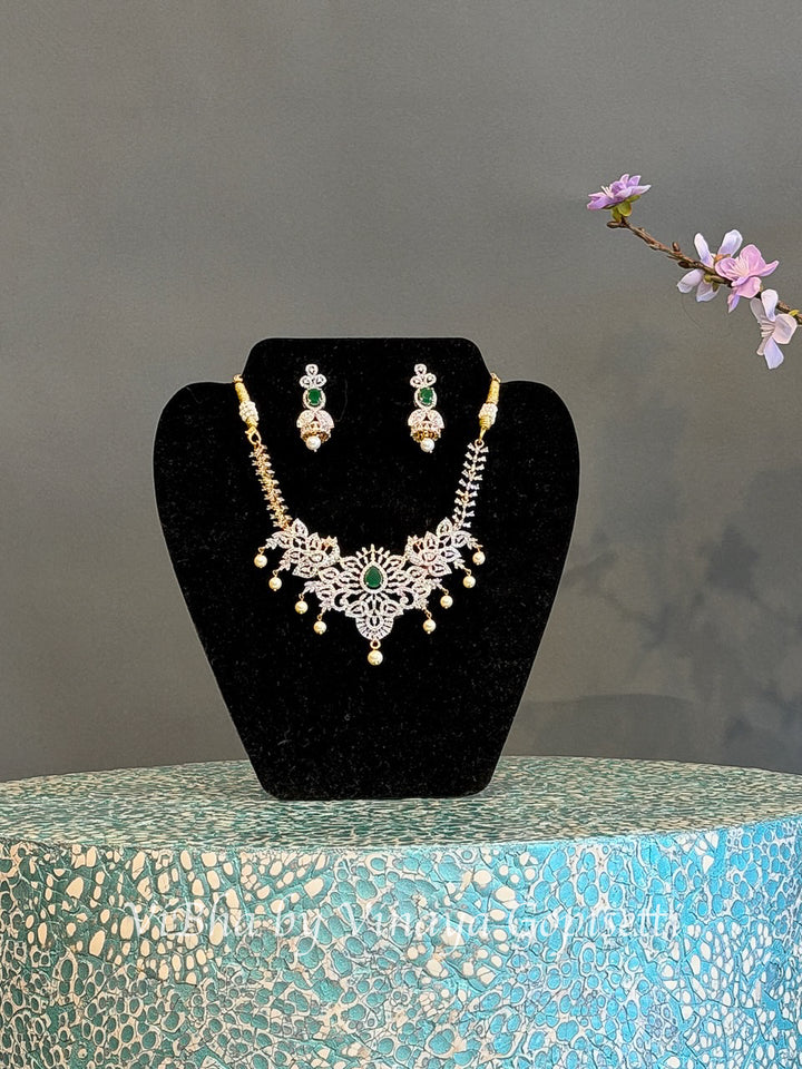 White and Gold Finish Green Stone Necklace Set with Pearl Style Drops