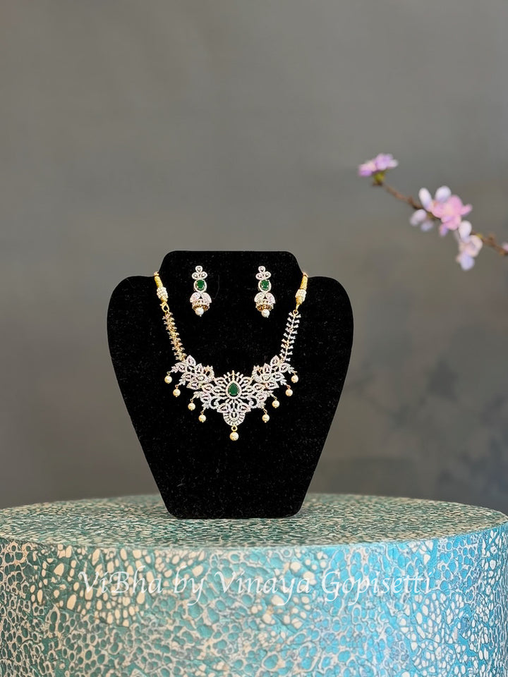 White and Gold Finish Green Stone Necklace Set with Pearl Style Drops