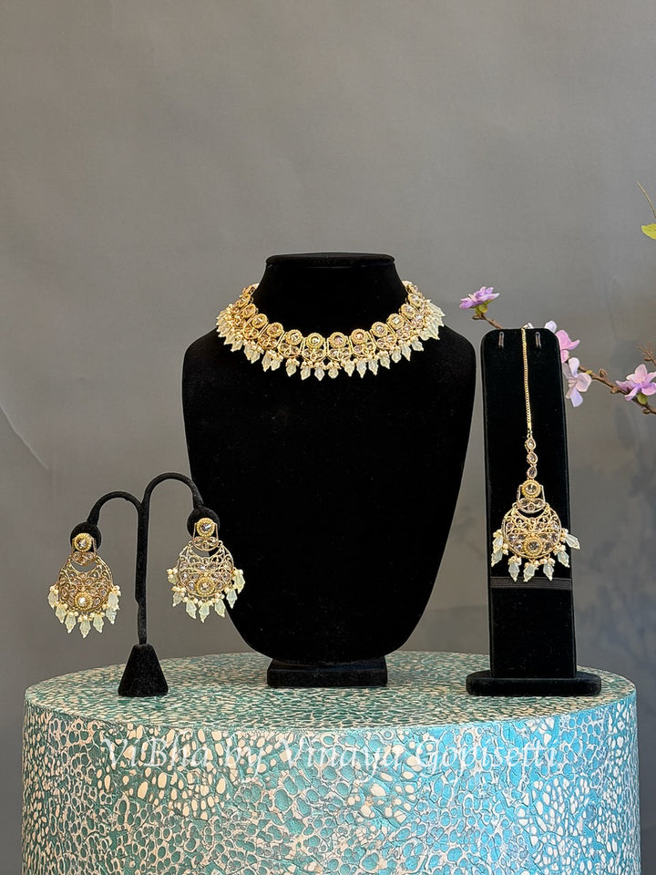 Gold Finish Clear Stone and Pale Yellow Bead Choker Set with Maang Tikka