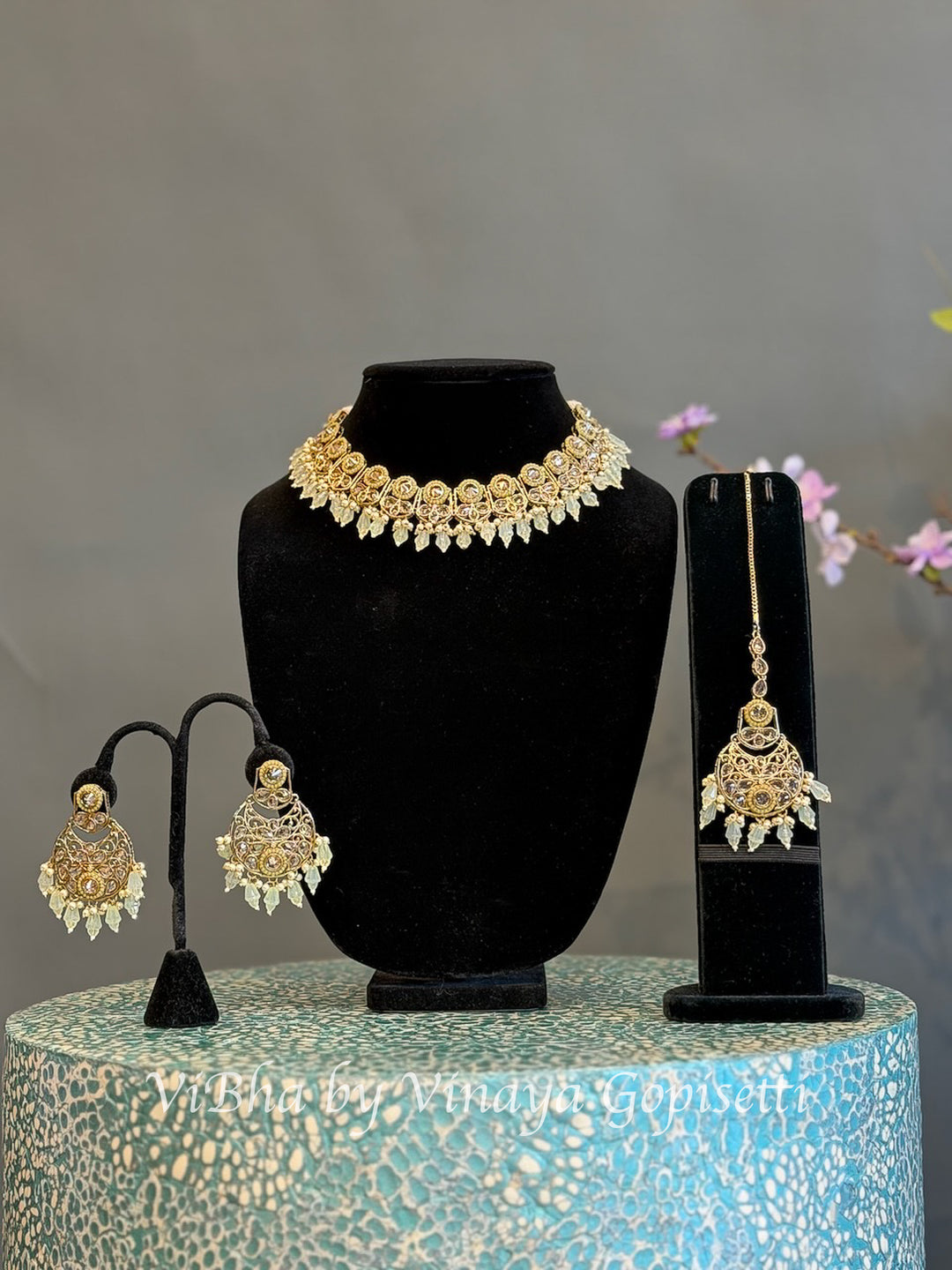 Gold Finish Clear Stone and Pale Yellow Bead Choker Set with Maang Tikka