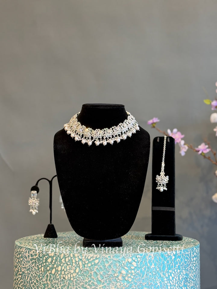 White Finish Clear Stone and Pearl Style Choker Set with Maang Tikka