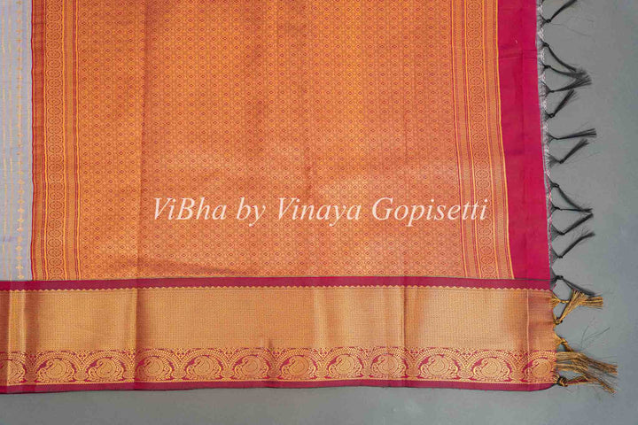 Snow Grey and Deep Maroon Kanchi Silk Saree and Blouse