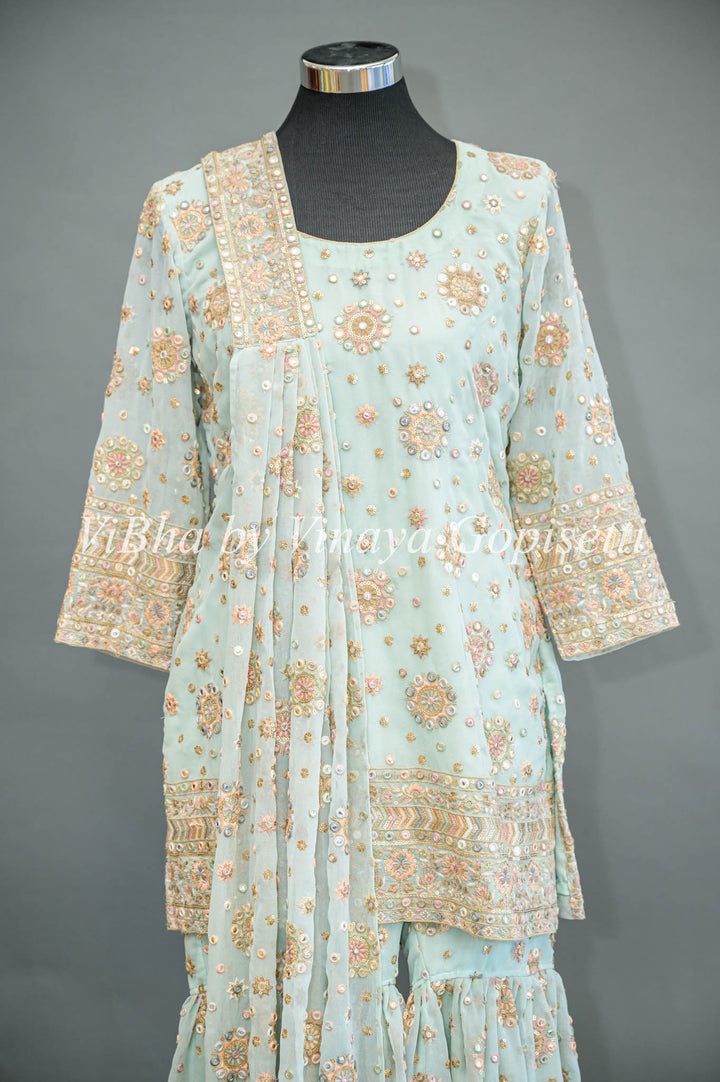 Pastel Blue Embroidered Sharara Set With Choker Dupatta And Matching Potli Bag