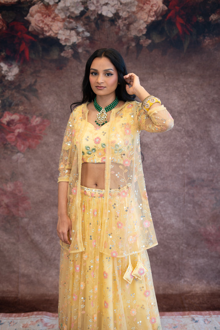 Yellow Net Embroidered Set