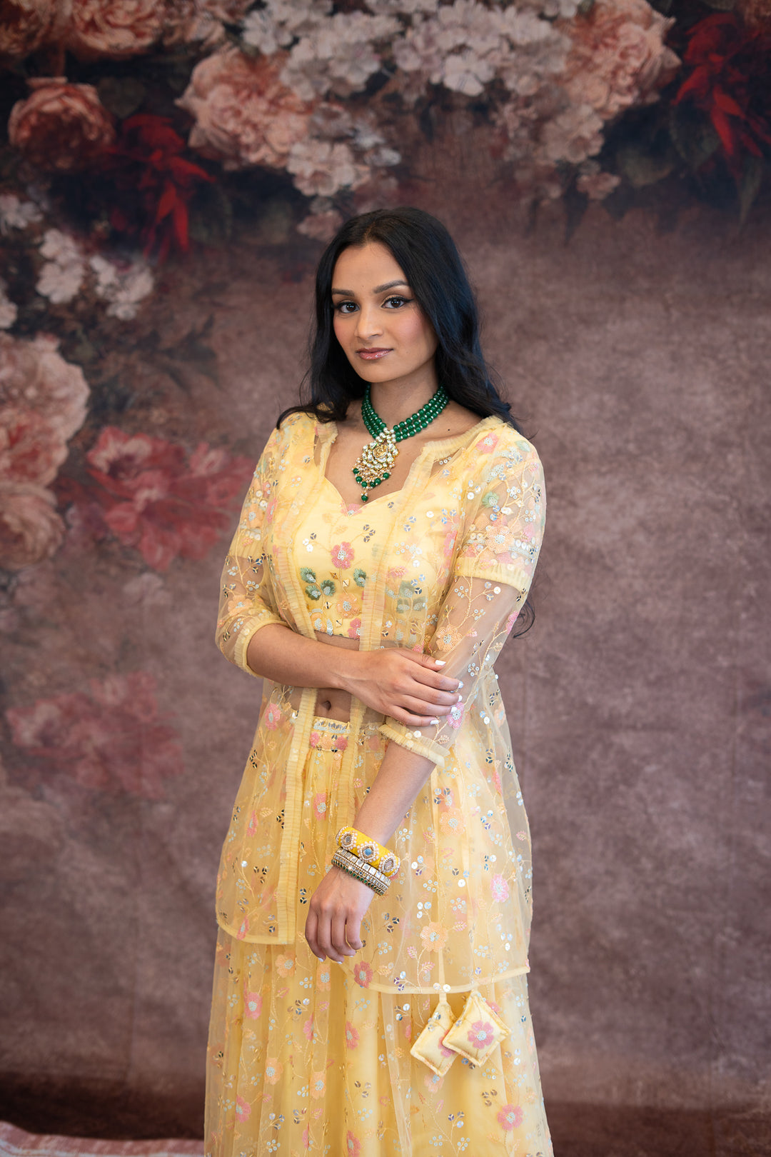Yellow Net Embroidered Set